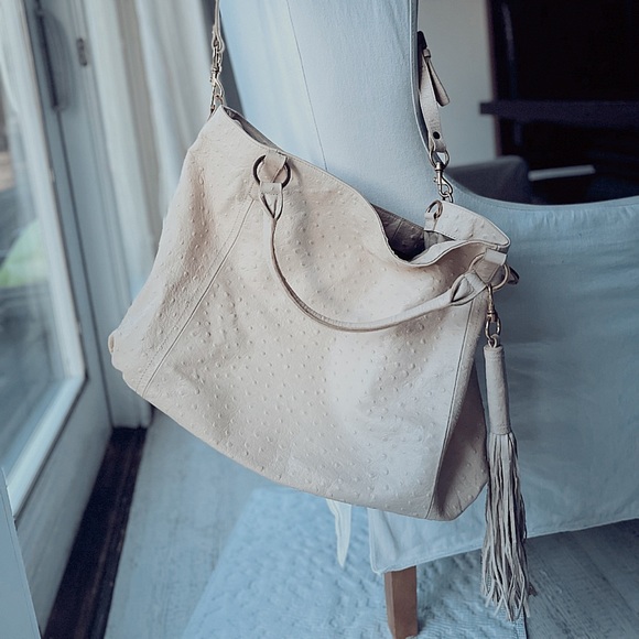 LARGE AUTHENTIC CRÈME COLORED LEATHER OSTRICH BAG - Picture 8 of 16